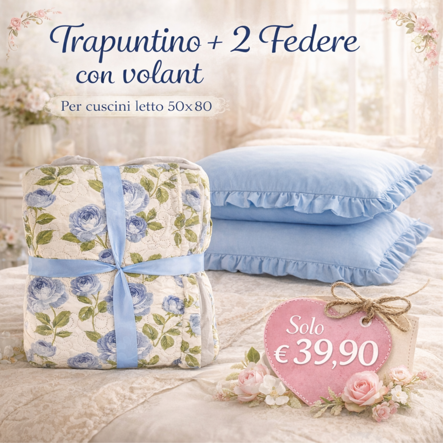 Set Trapuntino con Federe Rose Romantiche